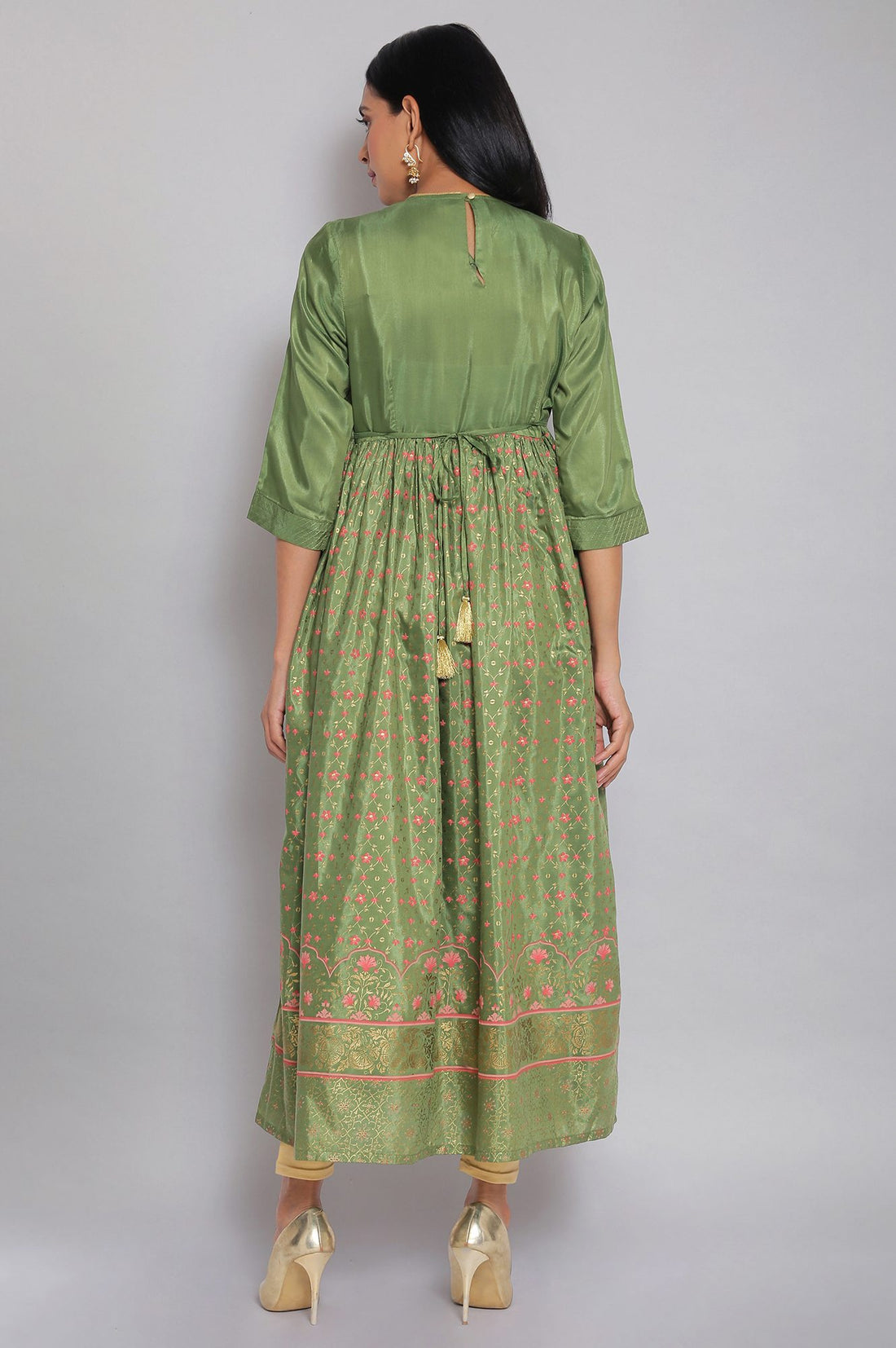 Green Round Neck Printed Flared kurta
