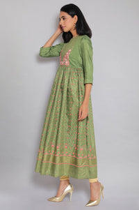 Green Round Neck Printed Flared kurta