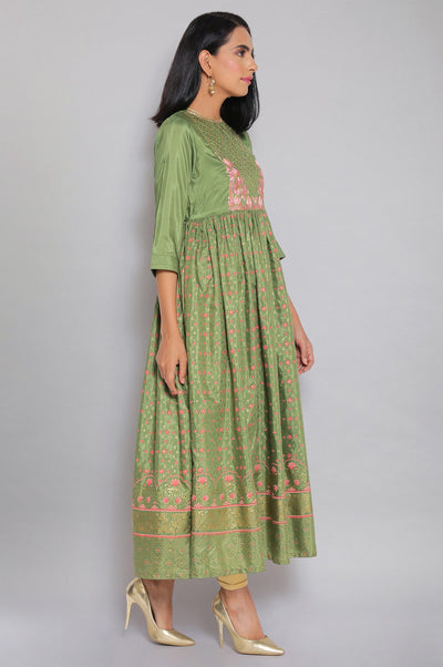 Green Round Neck Printed Flared kurta