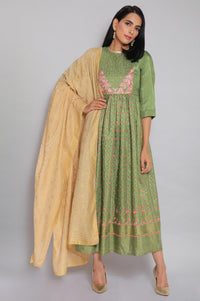 Green Round Neck Printed Flared kurta