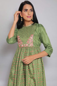 Green Round Neck Printed Flared kurta
