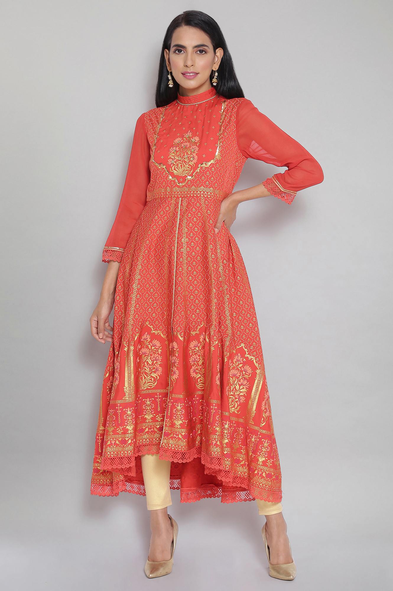 Orange Mandarin Collar Printed Flared kurta