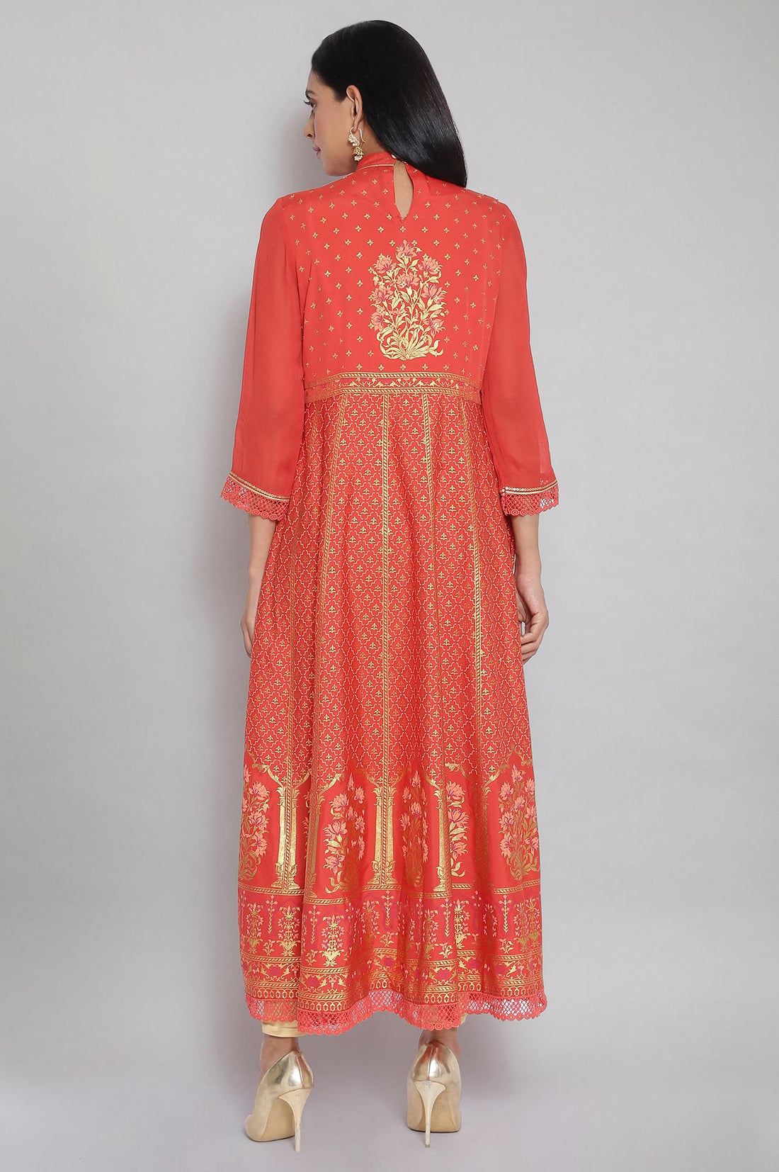Orange Mandarin Collar Printed Flared kurta