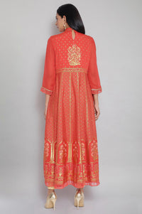 Orange Mandarin Collar Printed Flared kurta