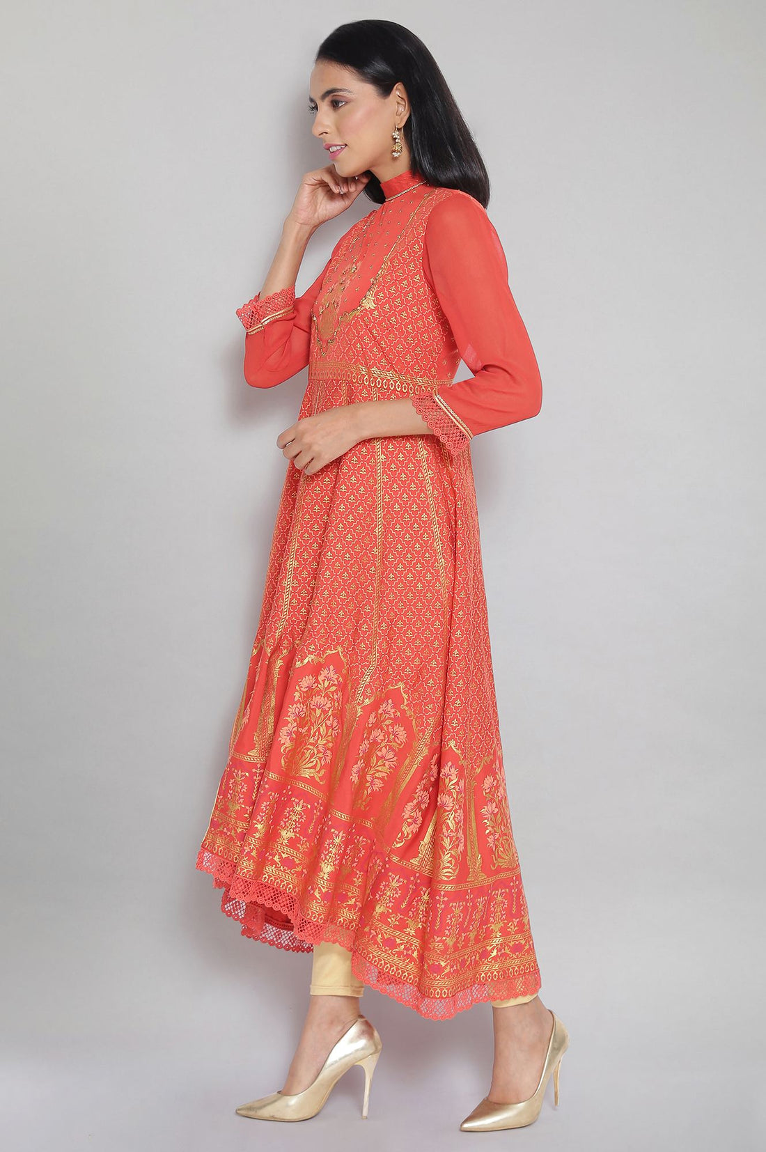 Orange Mandarin Collar Printed Flared kurta