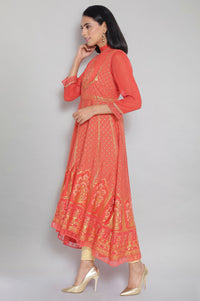 Orange Mandarin Collar Printed Flared kurta