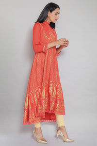 Orange Mandarin Collar Printed Flared kurta
