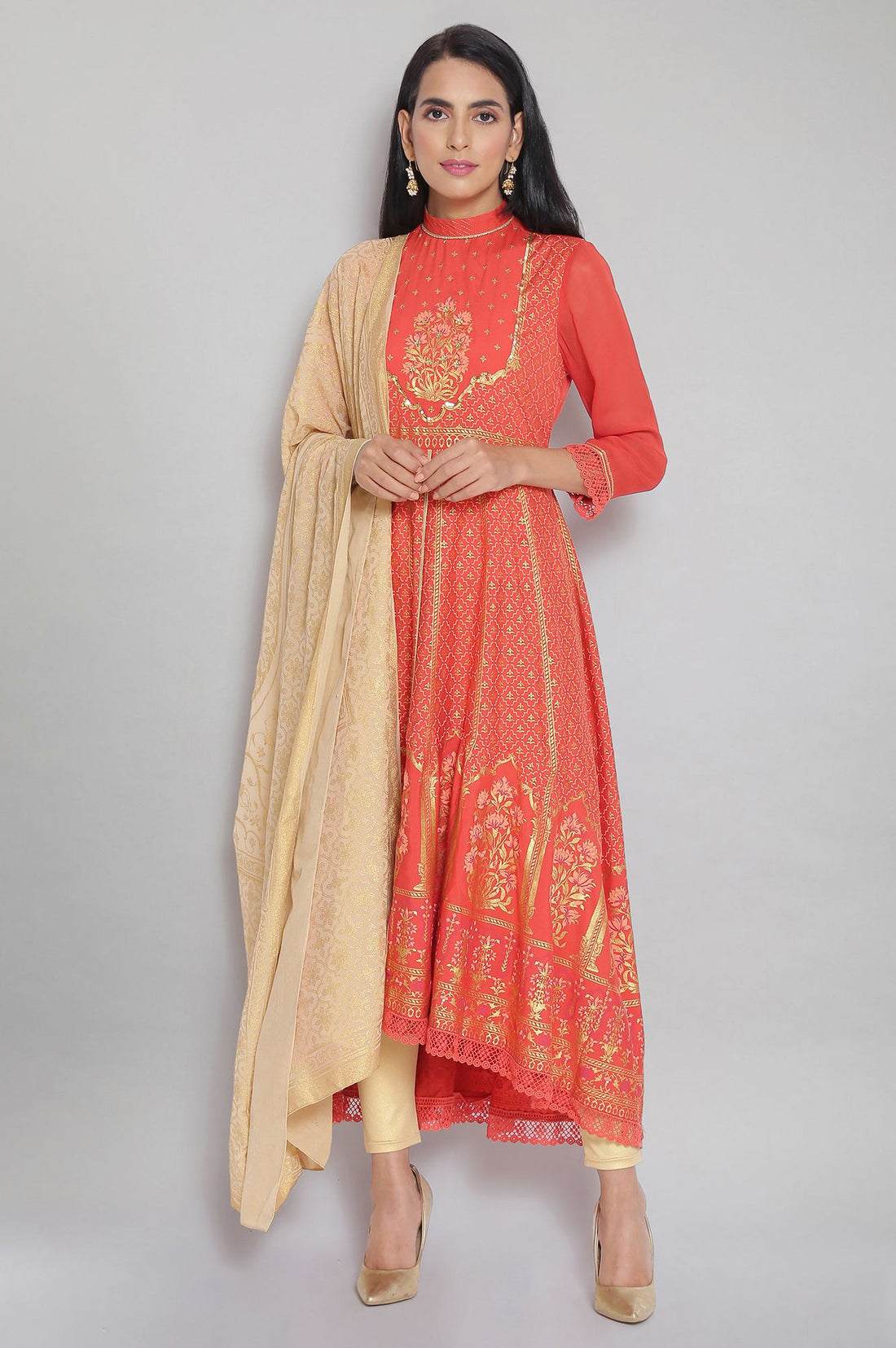 Orange Mandarin Collar Printed Flared kurta