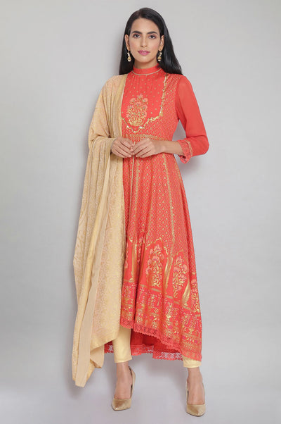 Orange Mandarin Collar Printed Flared kurta
