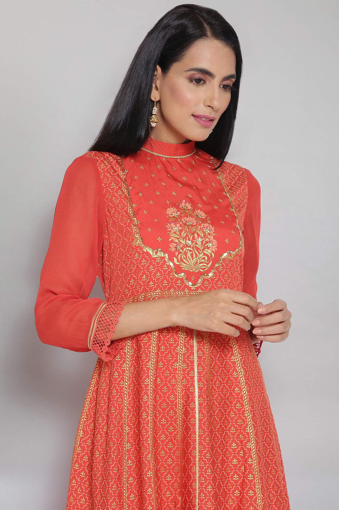 Orange Mandarin Collar Printed Flared kurta