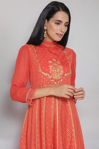 Orange Mandarin Collar Printed Flared kurta