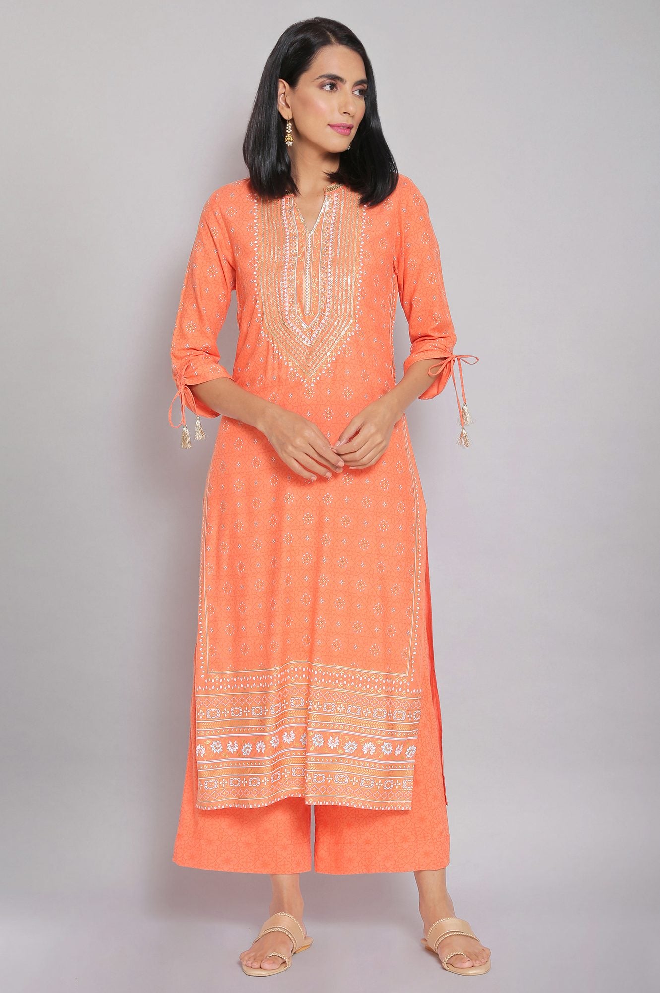 Orange Mandarin Collar Printed Straight kurta