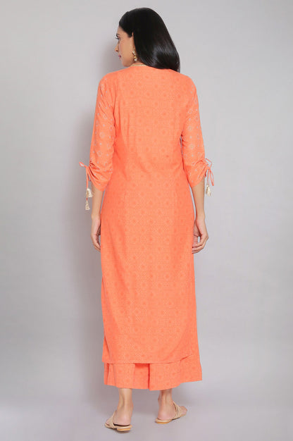 Orange Mandarin Collar Printed Straight kurta