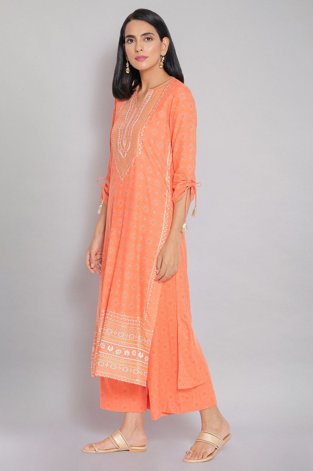 Orange Mandarin Collar Printed Straight kurta