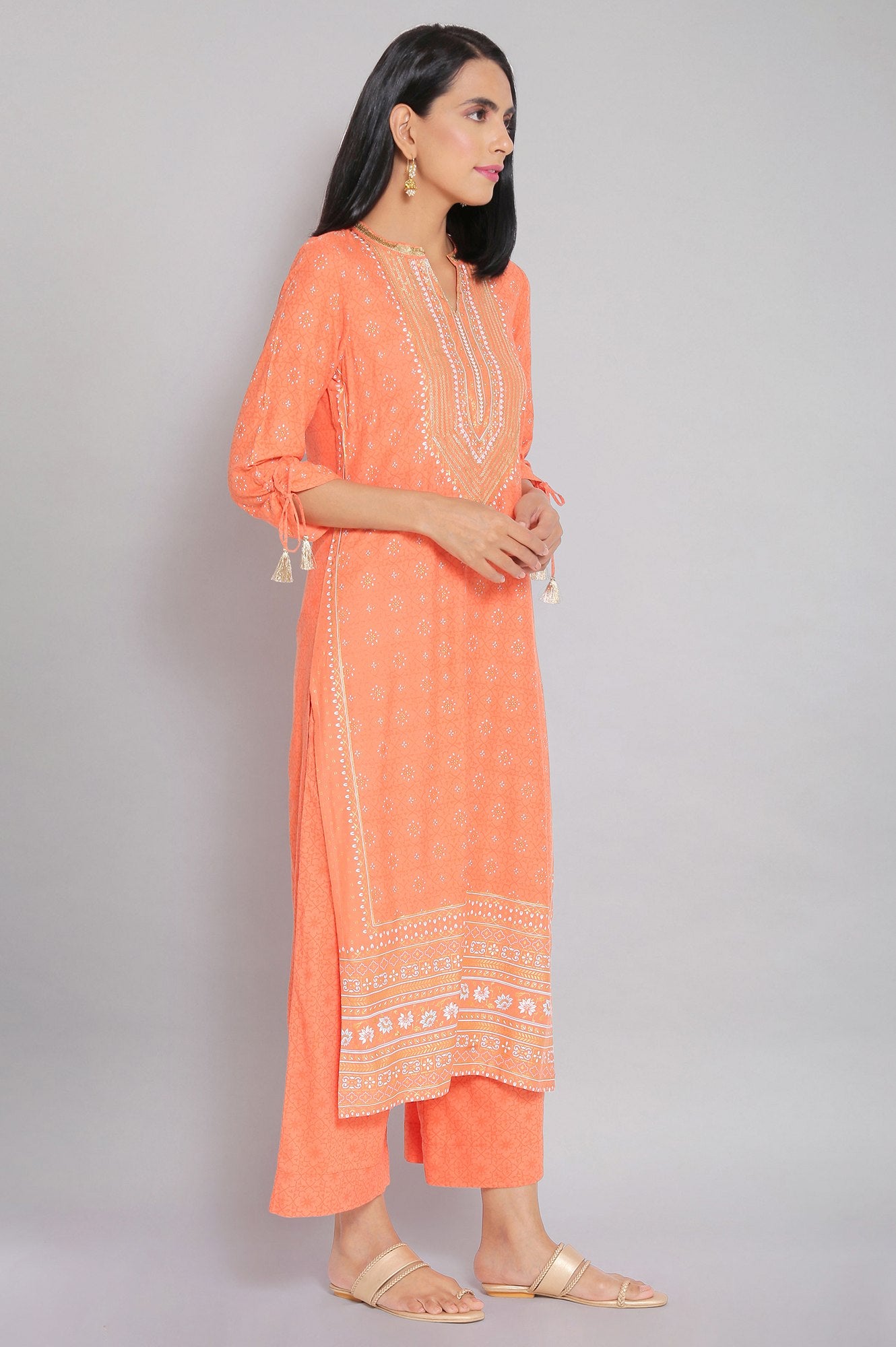 Orange Mandarin Collar Printed Straight kurta