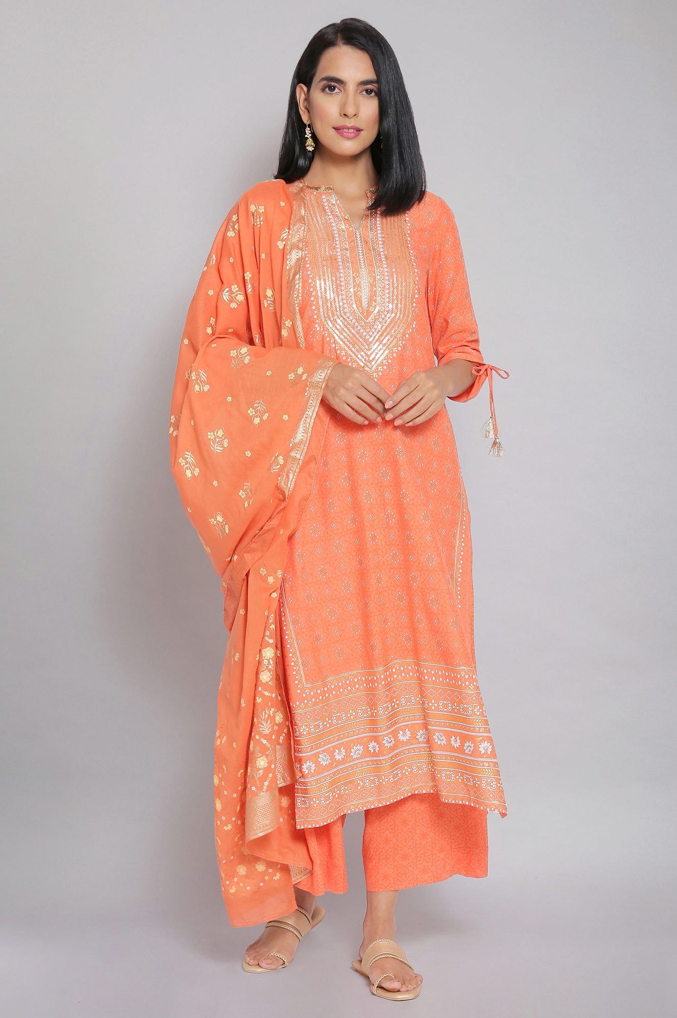 Orange Mandarin Collar Printed Straight kurta