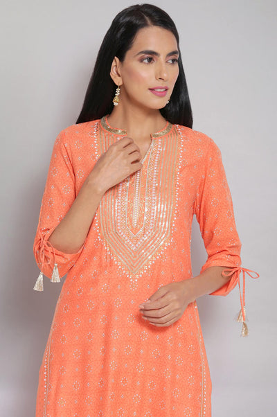 Orange Mandarin Collar Printed Straight kurta
