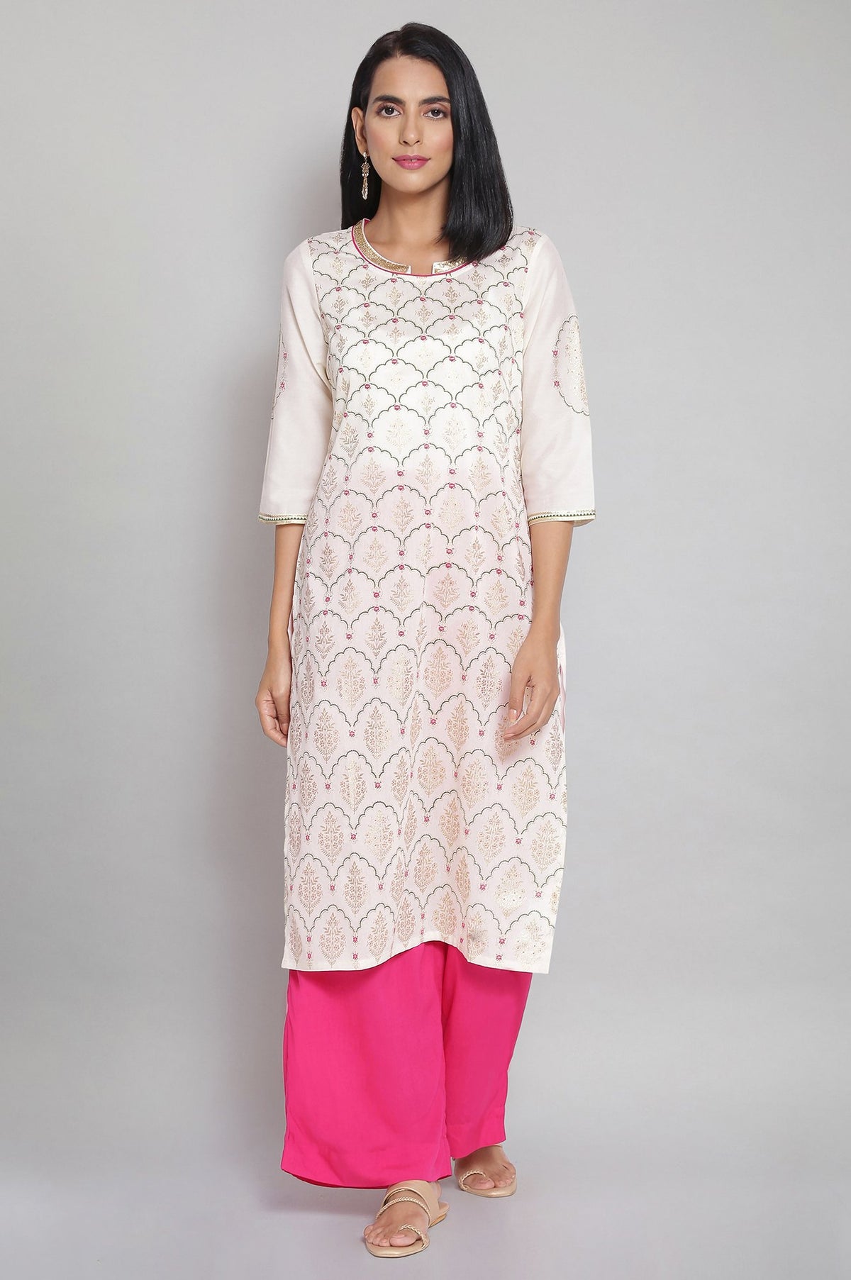 Off-White Mandarin Collar Printed Straight kurta - XS