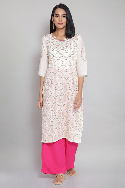 Off-White Mandarin Collar Printed Straight kurta