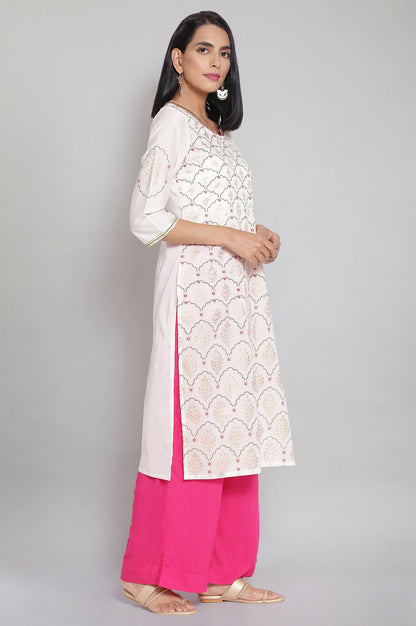 Off-White Mandarin Collar Printed Straight kurta