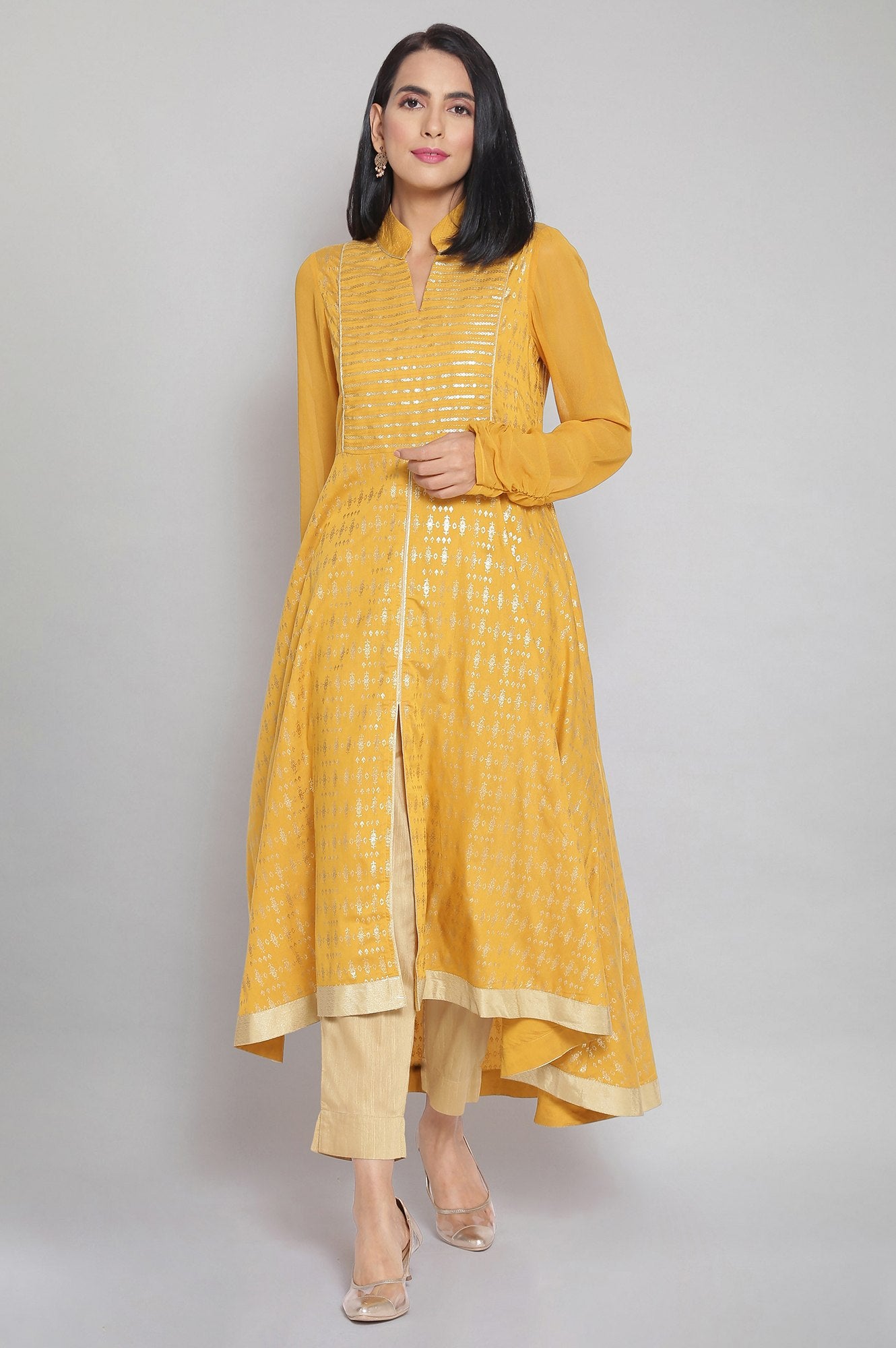 Mustard Band Collar Printed Flared kurta