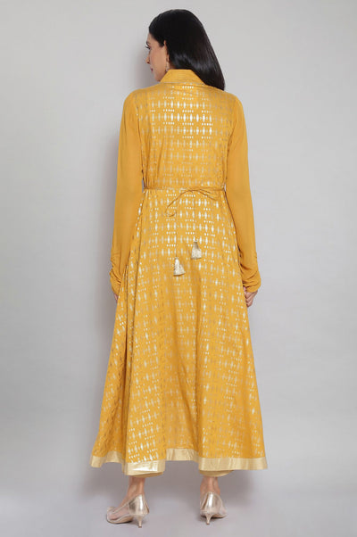Mustard Band Collar Printed Flared kurta