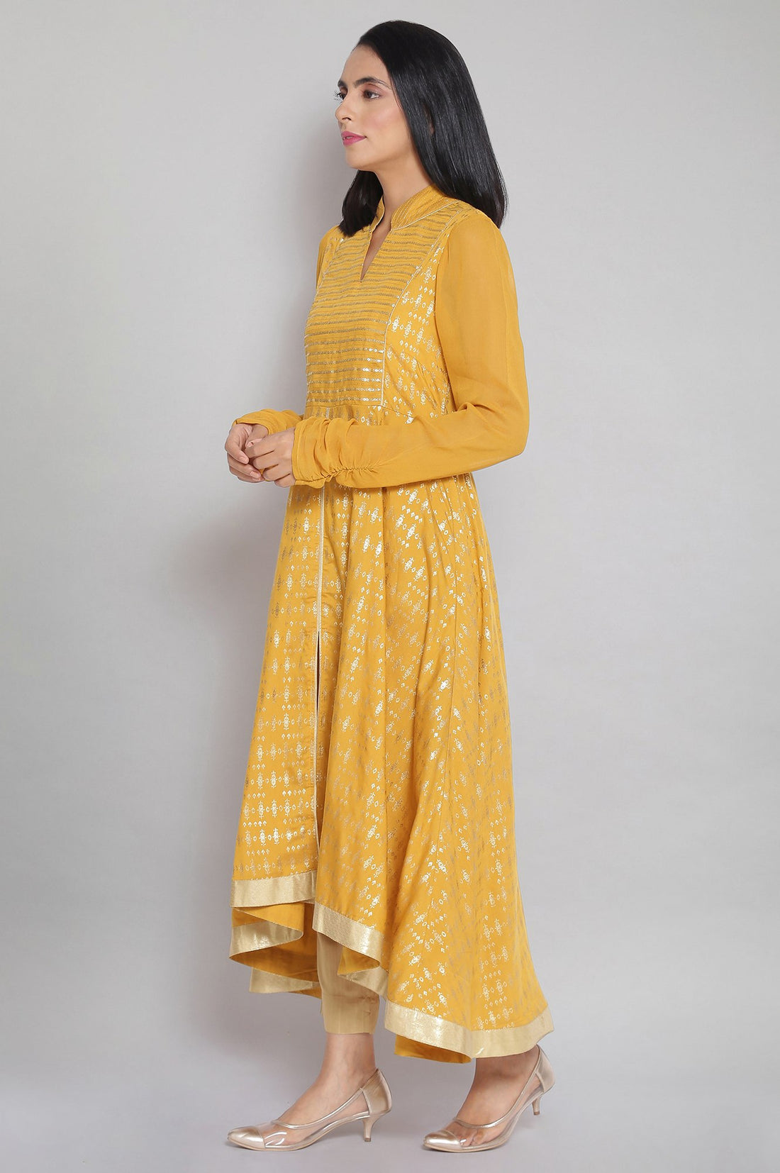 Mustard Band Collar Printed Flared kurta