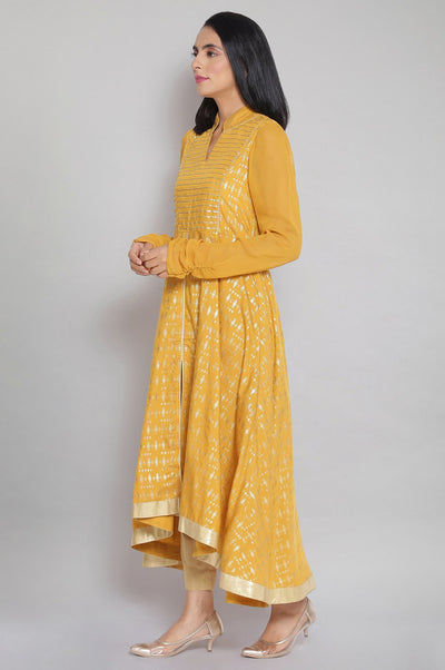Mustard Band Collar Printed Flared kurta