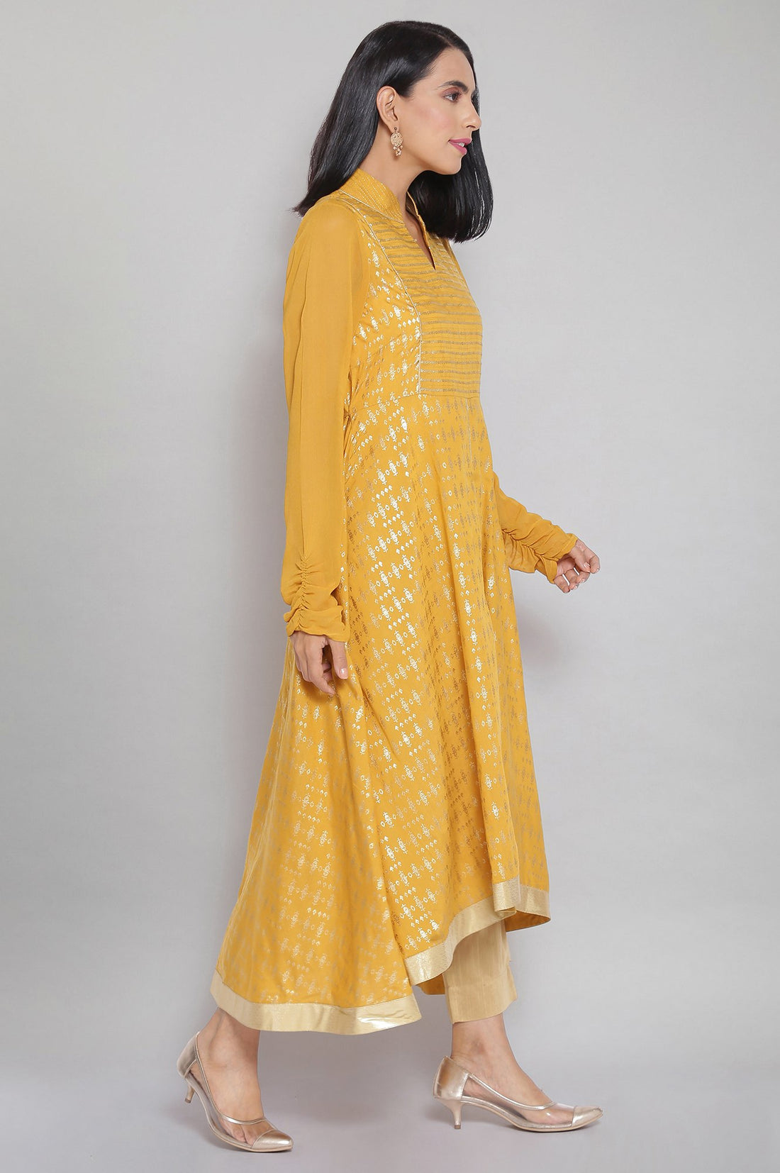 Mustard Band Collar Printed Flared kurta