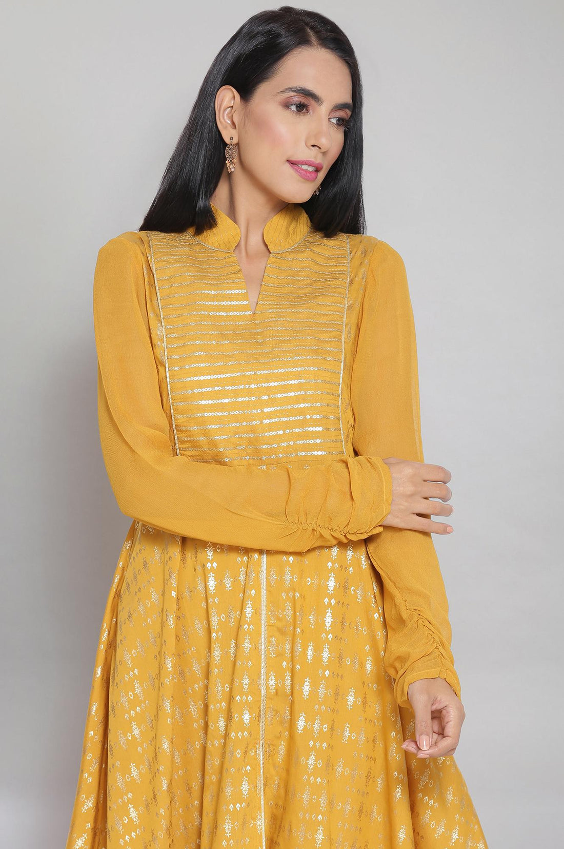 Mustard Band Collar Printed Flared kurta