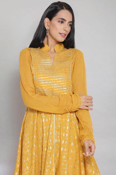 Mustard Band Collar Printed Flared kurta