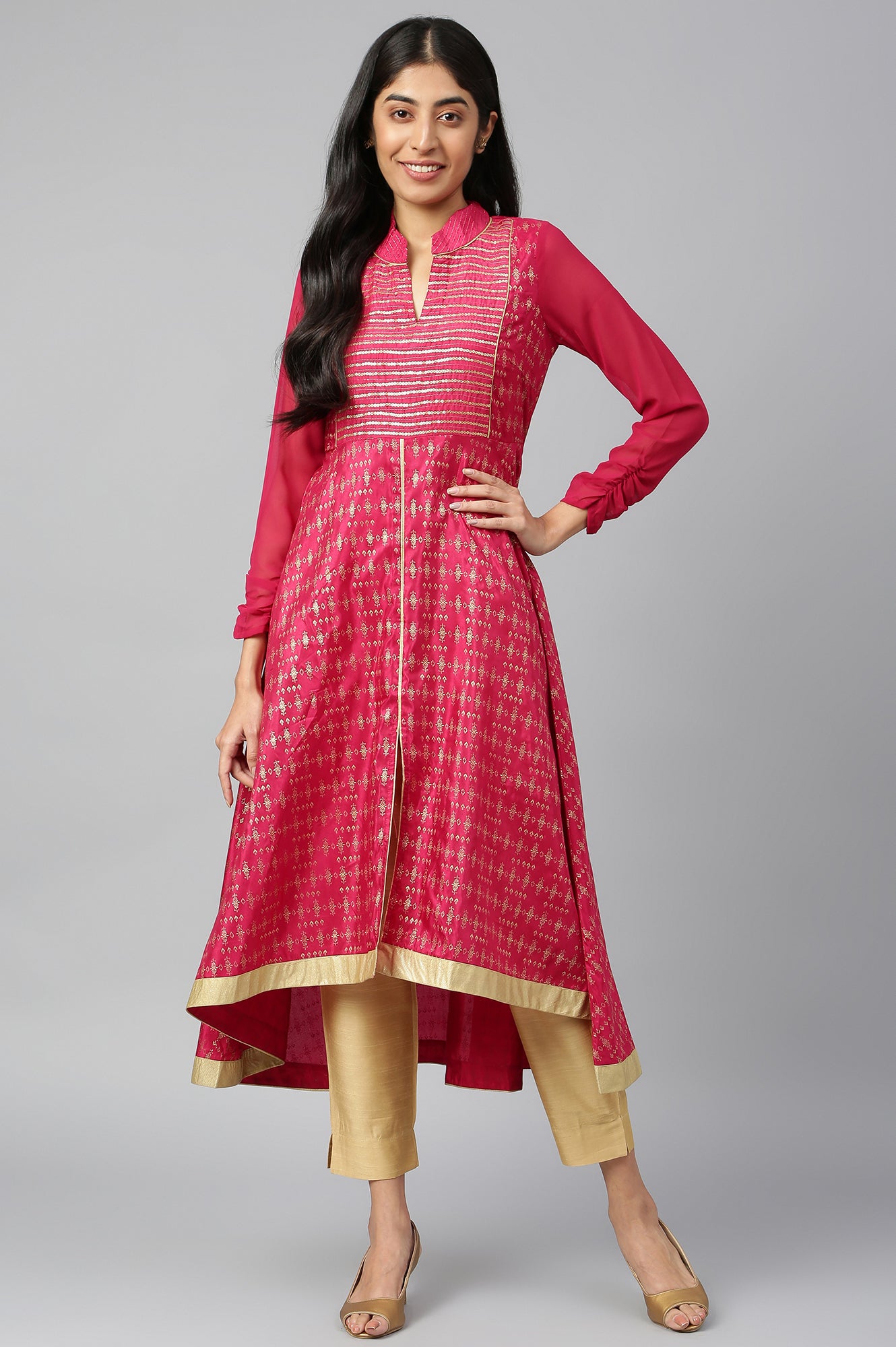 Magenta Band Collar Printed Flared kurta