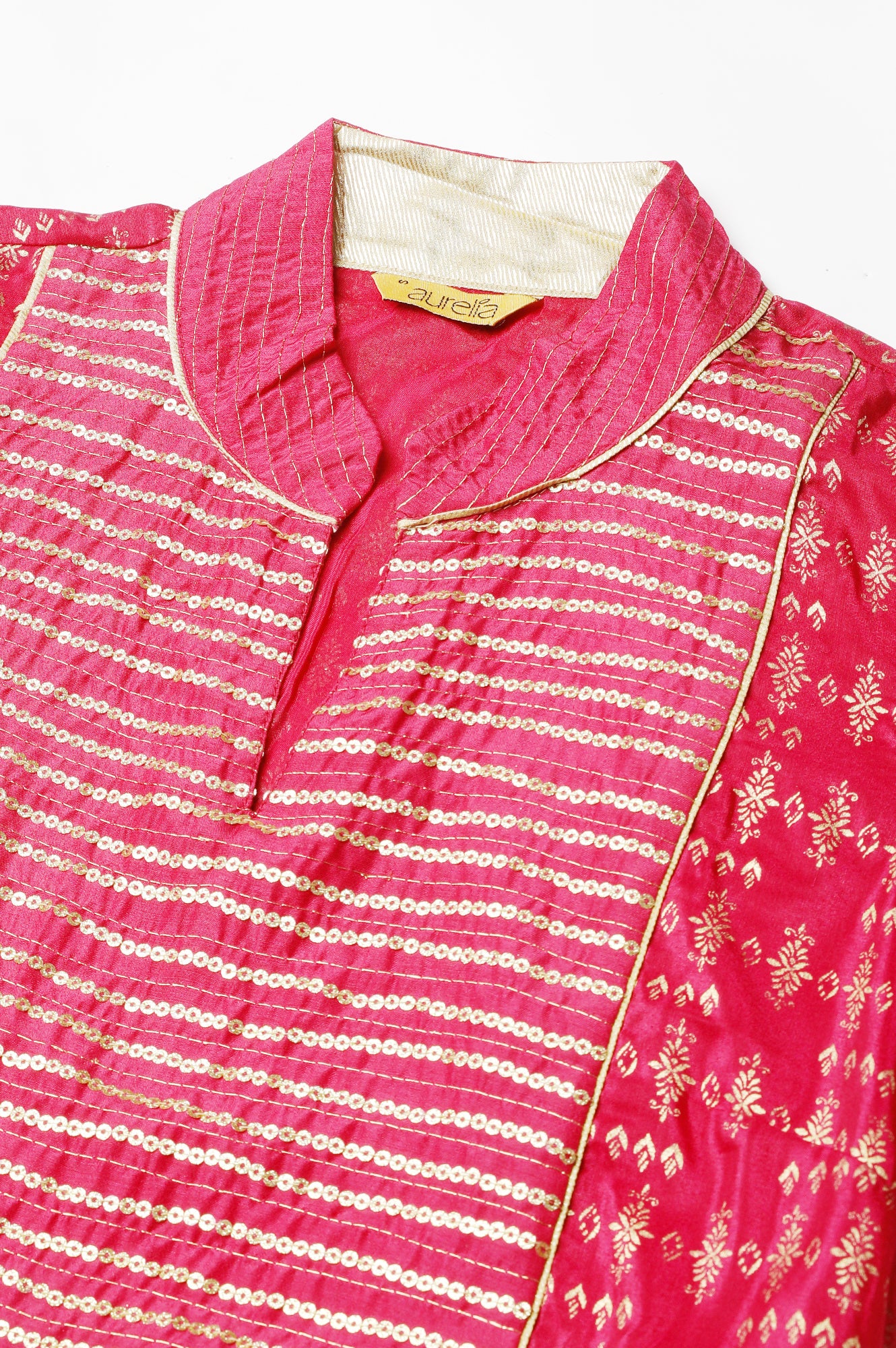 Magenta Band Collar Printed Flared kurta