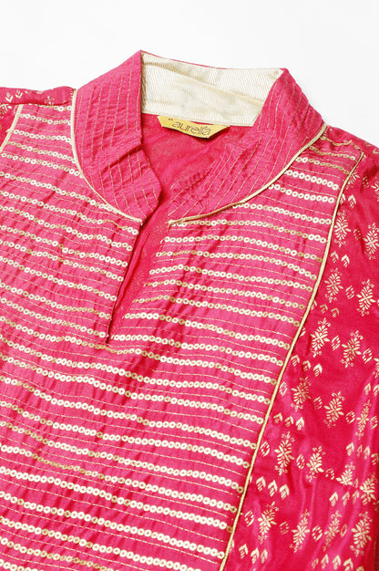 Magenta Band Collar Printed Flared kurta