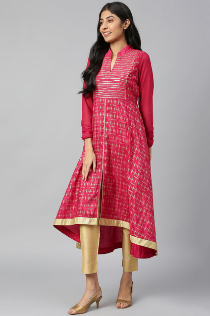 Magenta Band Collar Printed Flared kurta