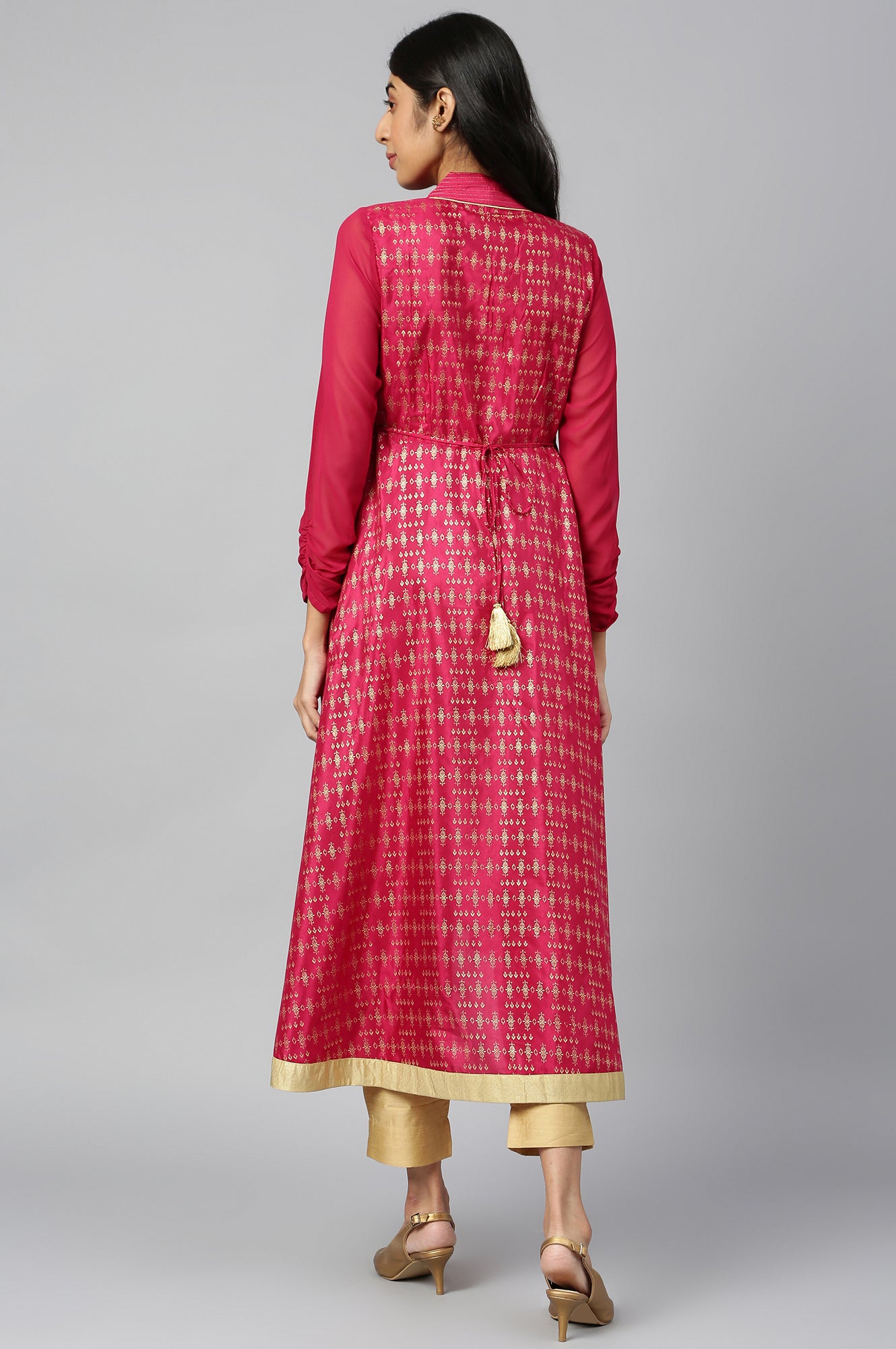 Magenta Band Collar Printed Flared kurta