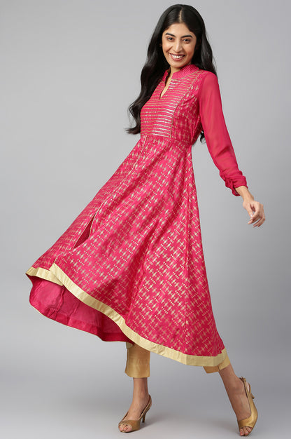 Magenta Band Collar Printed Flared kurta