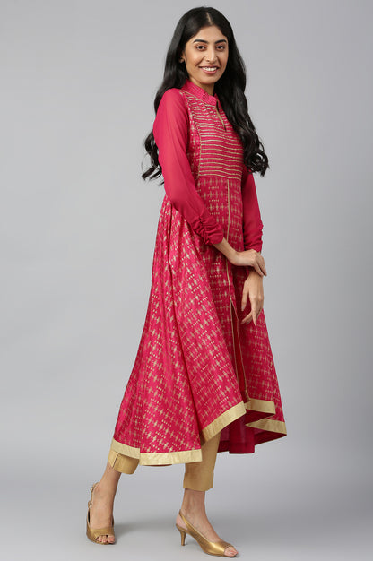 Magenta Band Collar Printed Flared kurta