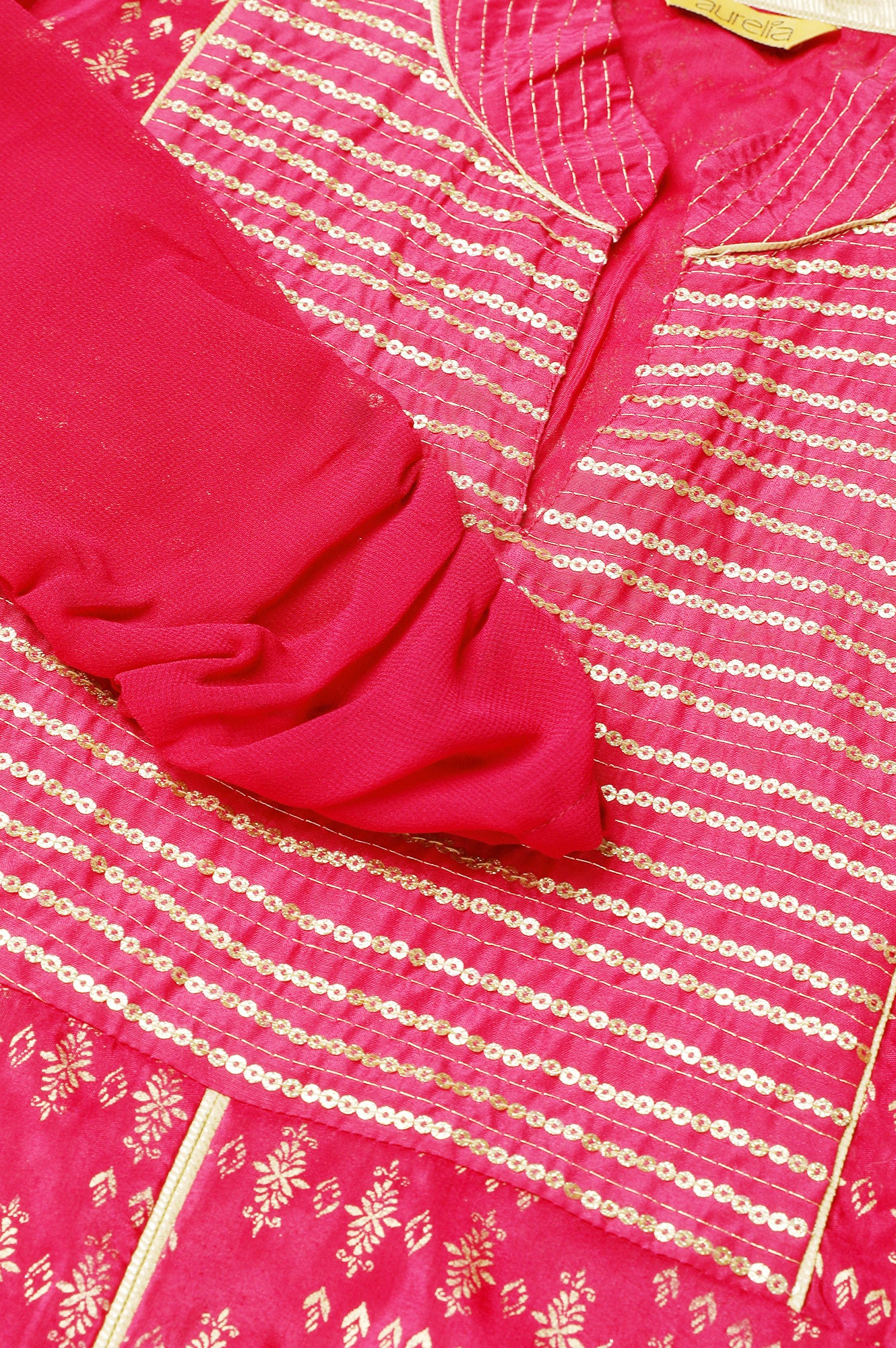 Magenta Band Collar Printed Flared kurta