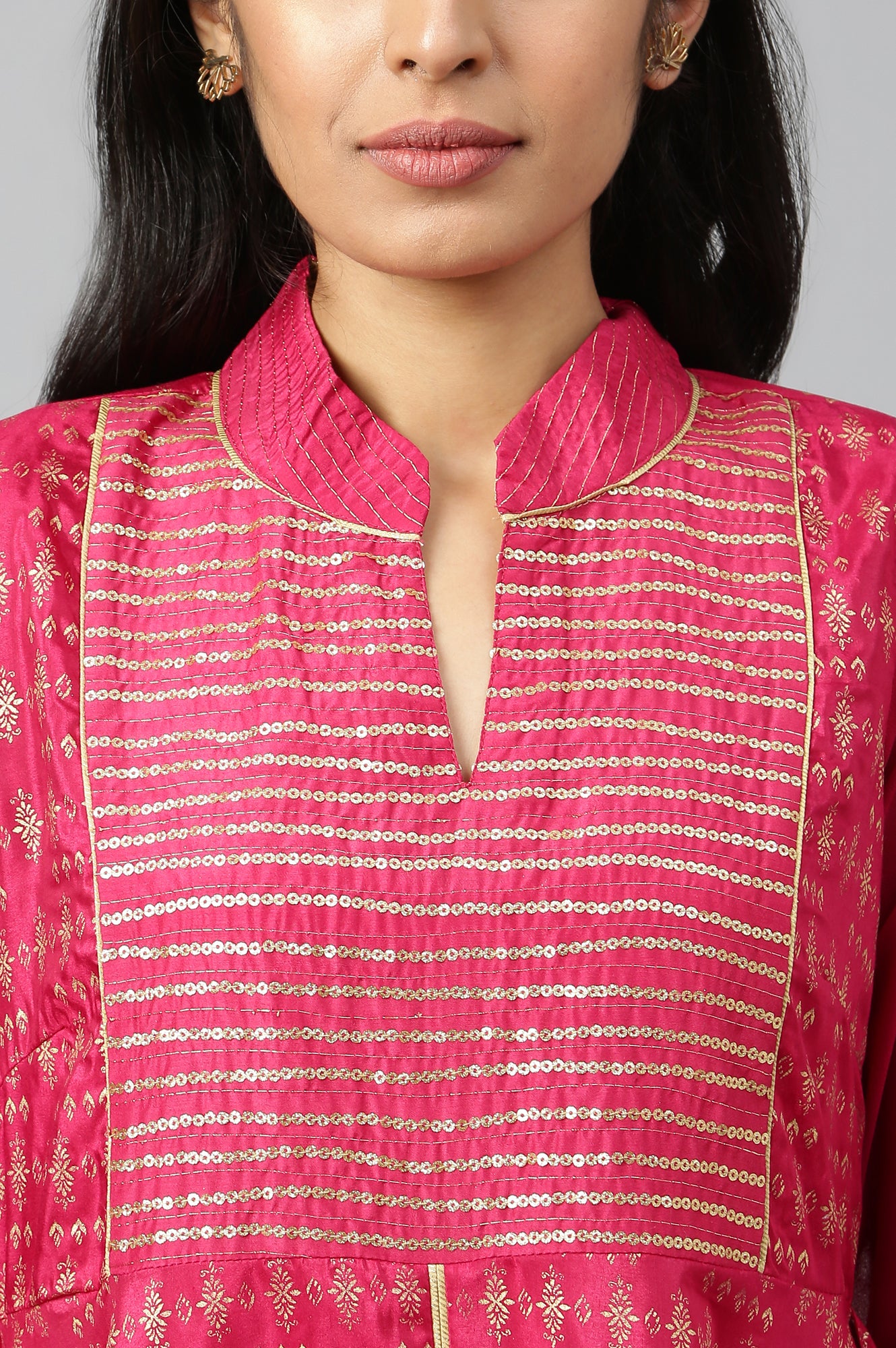 Magenta Band Collar Printed Flared kurta