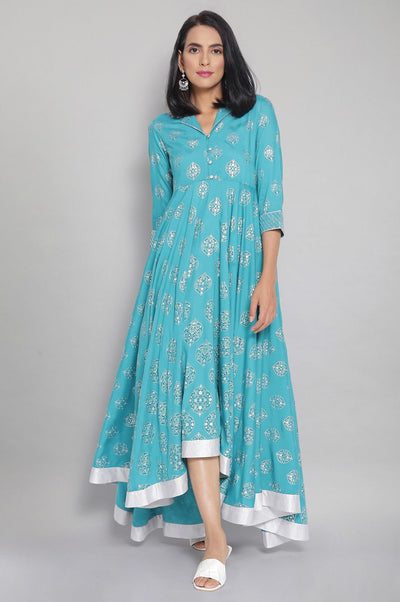 Blue Shirt Collar Flared Dress