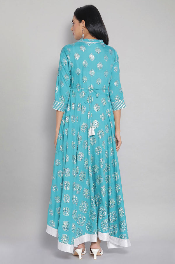 Blue Shirt Collar Flared Dress