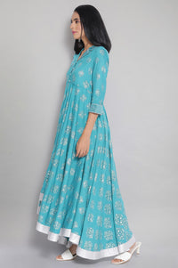 Blue Shirt Collar Flared Dress