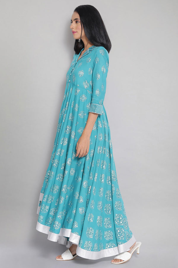 Blue Shirt Collar Flared Dress