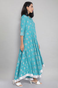 Blue Shirt Collar Flared Dress