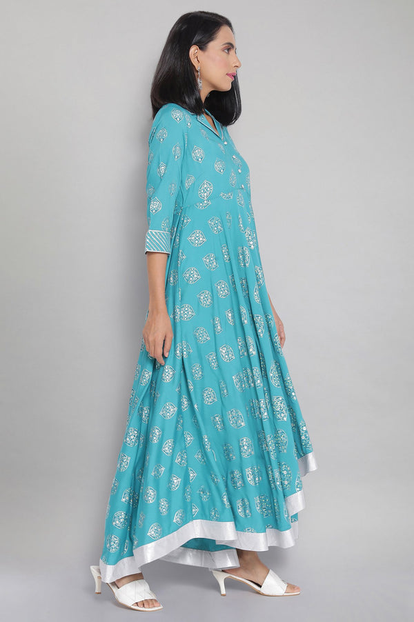 Blue Shirt Collar Flared Dress