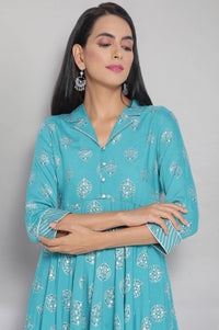 Blue Shirt Collar Flared Dress