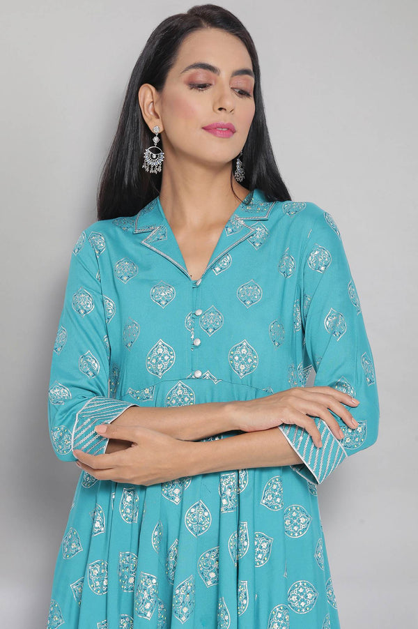 Blue Shirt Collar Flared Dress