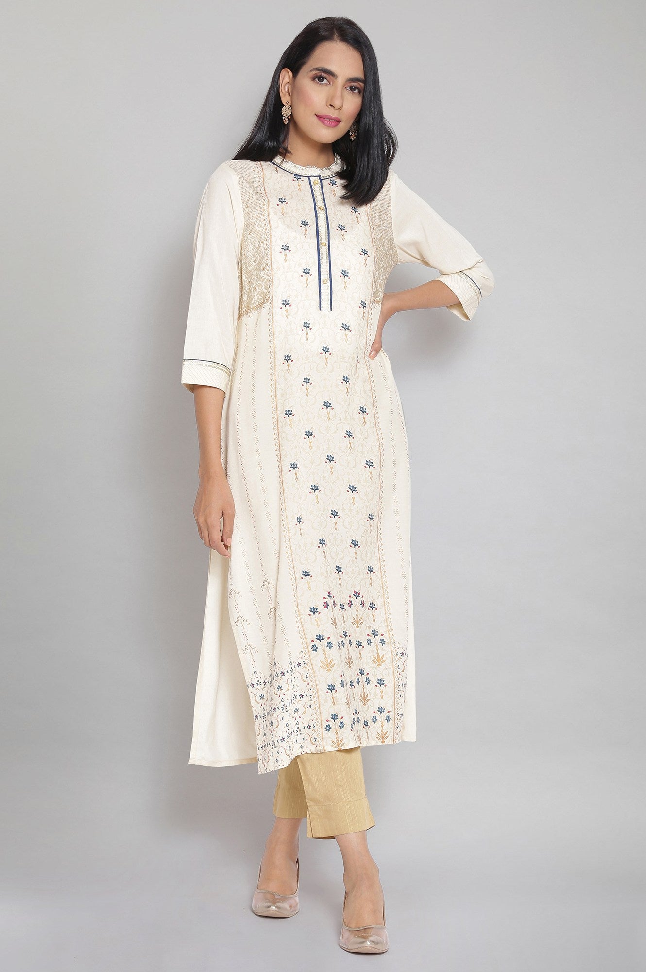 Brown Band Collar Printed Straight kurta