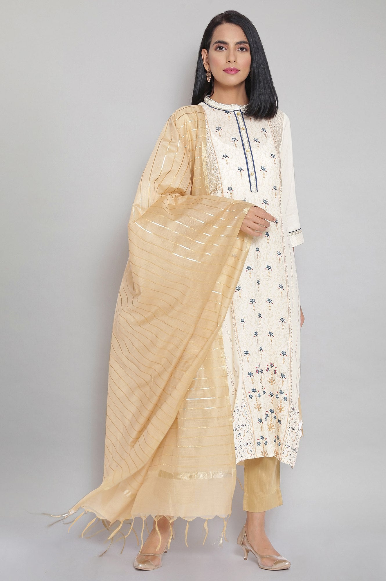 Brown Band Collar Printed Straight kurta